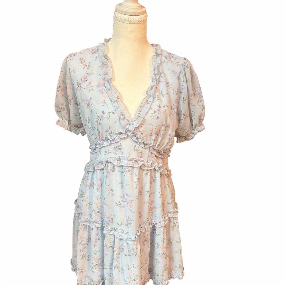 Mi Ami Blue Floral Ruffle Mini Dress Size L Cottagecore Puff Sleeve